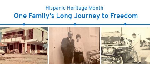 Tres imágenes históricas de una familia: una casa, una pareja y un hombre subiéndose a un auto con las palabras "Hispanic Heritage Month One Family's Long Journey to Freedom" arriba