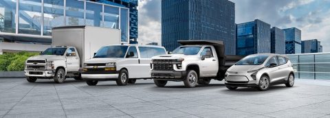 An array of 2022 Chevrolet work trucks