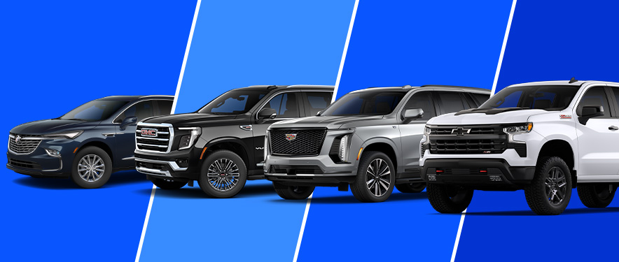 Buick Enclave, GMF Yukon, Cadillac Escalade and Chevrolet Silverado lined up on a blue striped background.