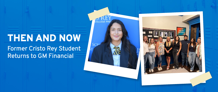 Scrapbook-style photos of Amber alongside the text, “Then and Now, Former Cristo Rey Student Returns to GM Financial”
