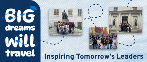 Graphic with the words “Big Dreams Will Travel on the right” Next to the words “Big Dreams Will Travel” are three separate photos of the students who attended the trip. All three photos are group photos. 